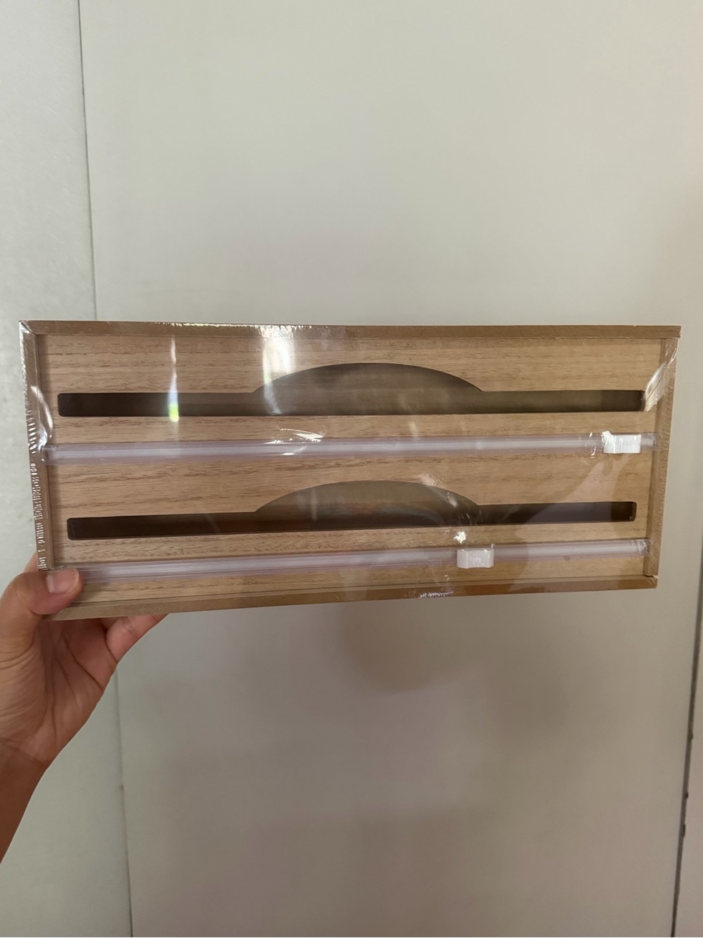 Wooden Double Plastic and Foil Dispenser Holder with cutter Natural Brown